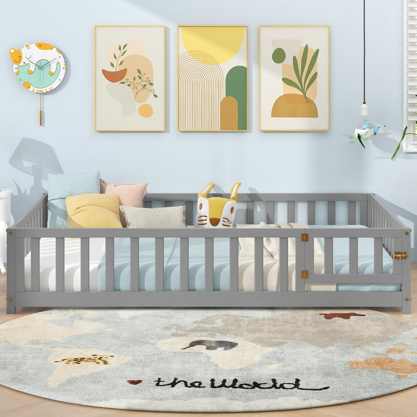 Cadre de Lit Montessori avec Porte de Sécurité et Barrières de Protection - Gris