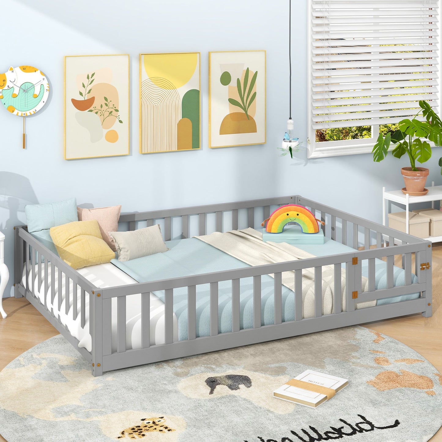 Cadre de Lit Montessori avec Porte de Sécurité et Barrières de Protection - Gris