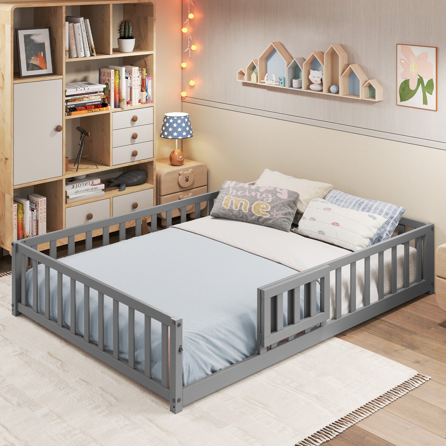 Cadre de Lit Montessori avec Porte de Sécurité et Barrières de Protection - Gris