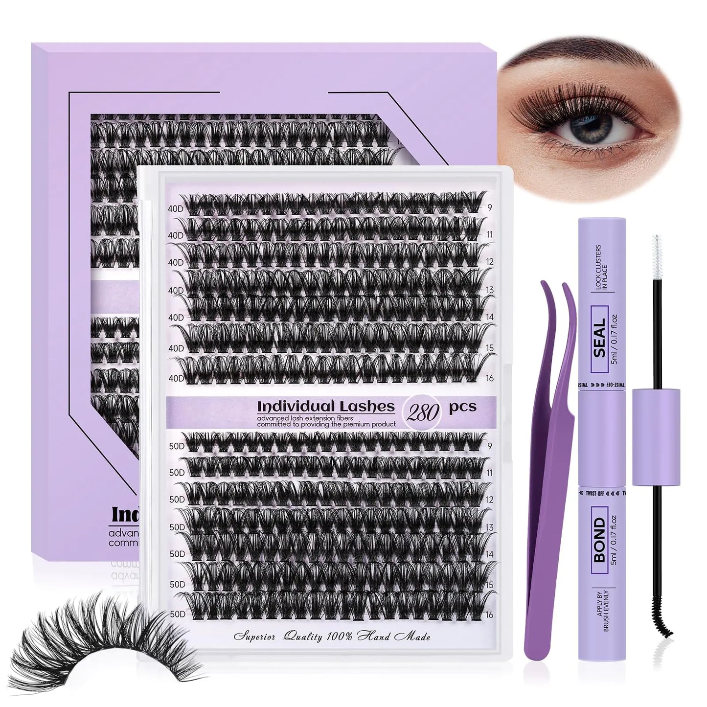 Kit de Extensión de Pestañas para Principiantes - 280pcs de Grupos de Pestañas Mixtos
