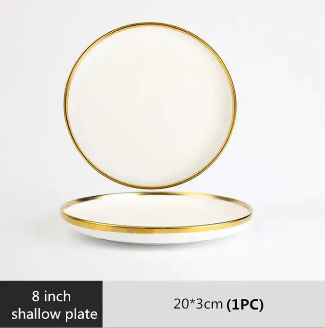 Ensemble de Plateaux à Dîner en Porcelaine Blanche à Bord Doré Mat