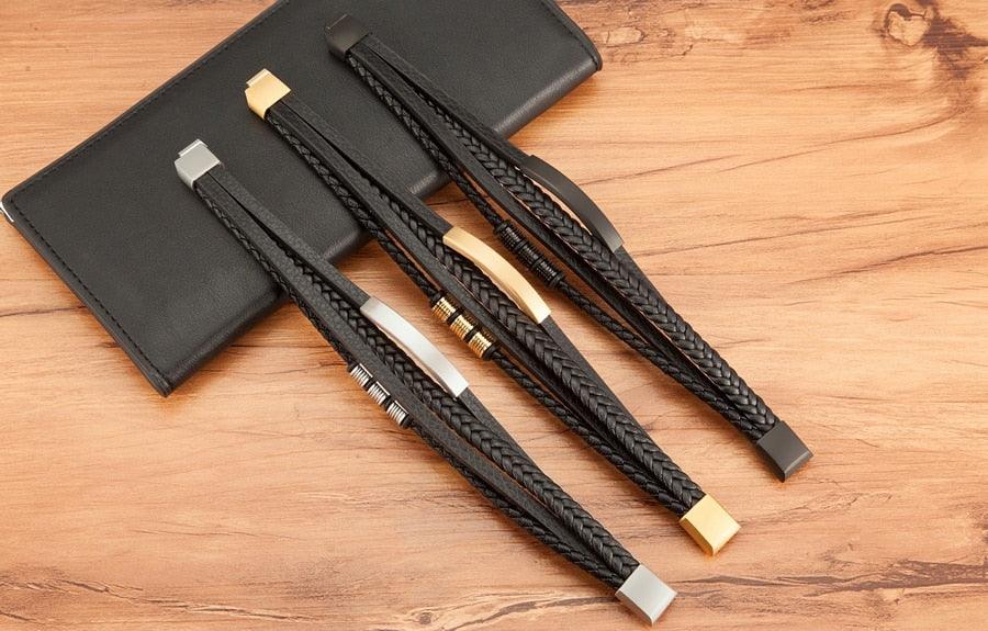 Multi-layer Leather Bracelet with Stainless Steel Clasp for Men
