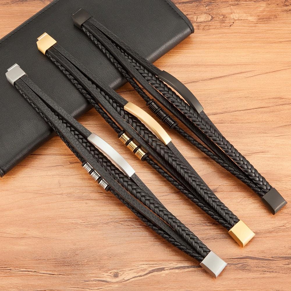 Multi-layer Leather Bracelet with Stainless Steel Clasp for Men