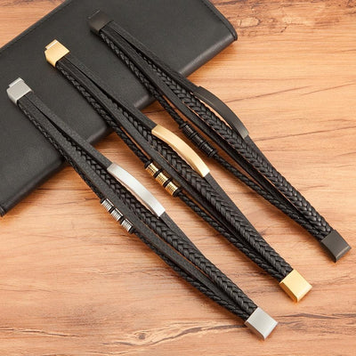 Multi-layer Leather Bracelet with Stainless Steel Clasp for Men