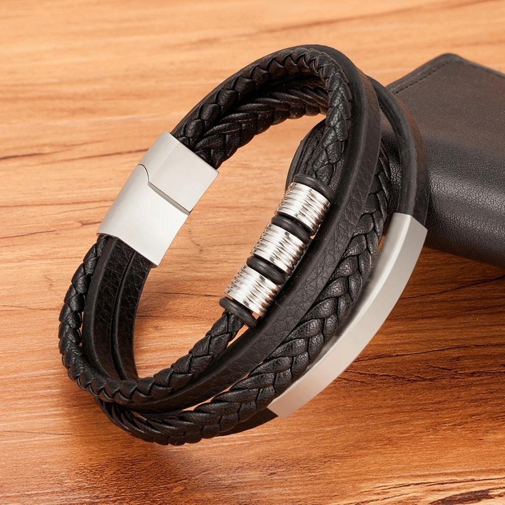 Multi-layer Leather Bracelet with Stainless Steel Clasp for Men
