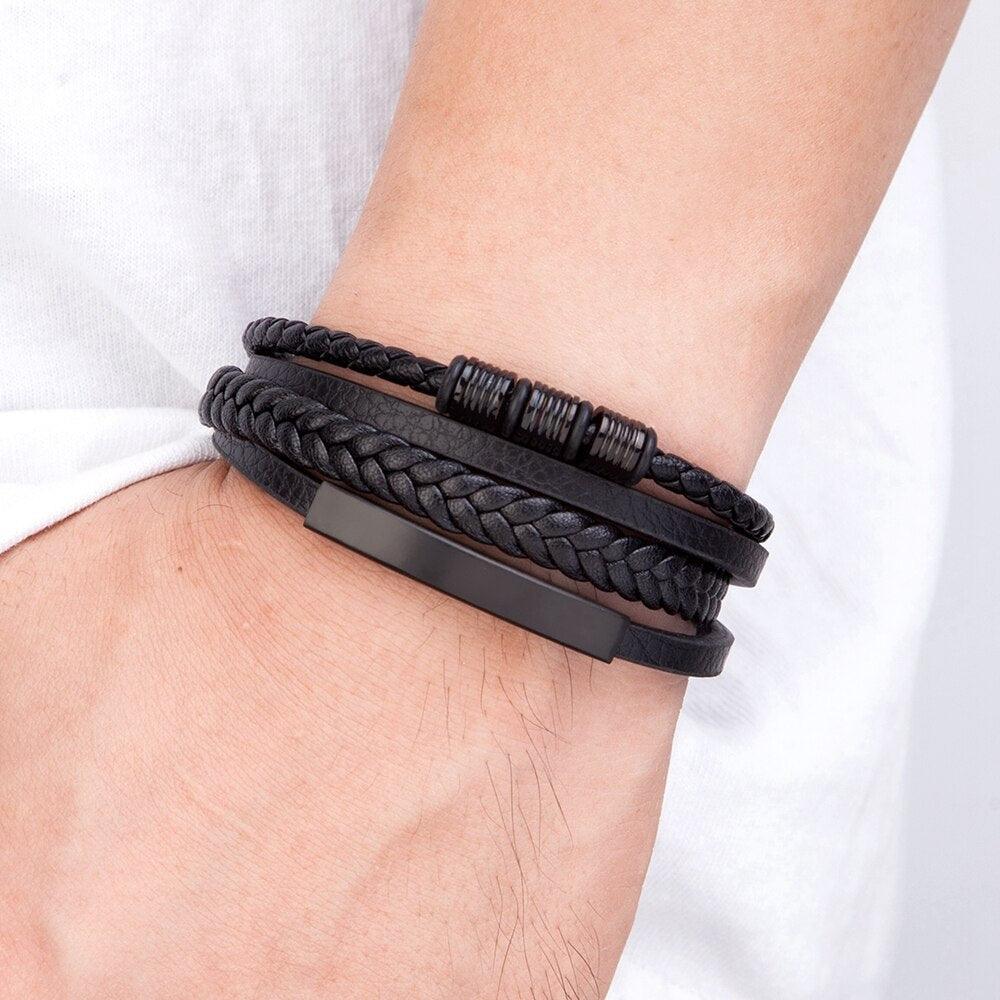 Multi-layer Leather Bracelet with Stainless Steel Clasp for Men