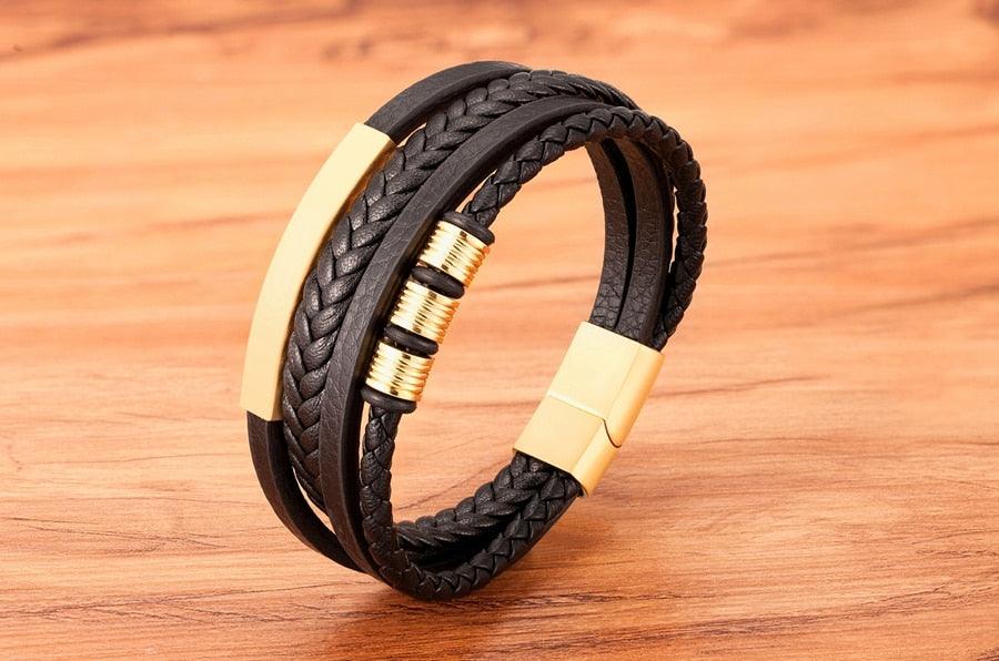 Multi-layer Leather Bracelet with Stainless Steel Clasp for Men