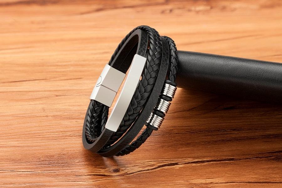 Multi-layer Leather Bracelet with Stainless Steel Clasp for Men