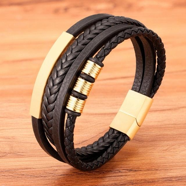 Multi-layer Leather Bracelet with Stainless Steel Clasp for Men