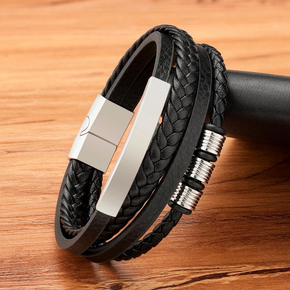Multi-layer Leather Bracelet with Stainless Steel Clasp for Men