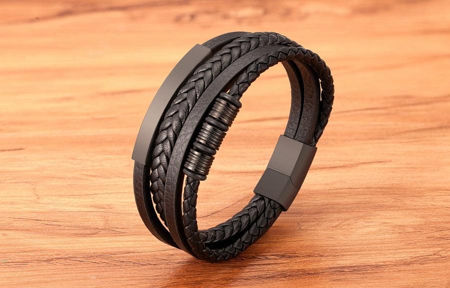 Multi-layer Leather Bracelet with Stainless Steel Clasp for Men