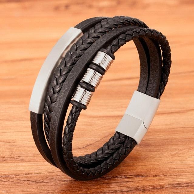 Multi-layer Leather Bracelet with Stainless Steel Clasp for Men