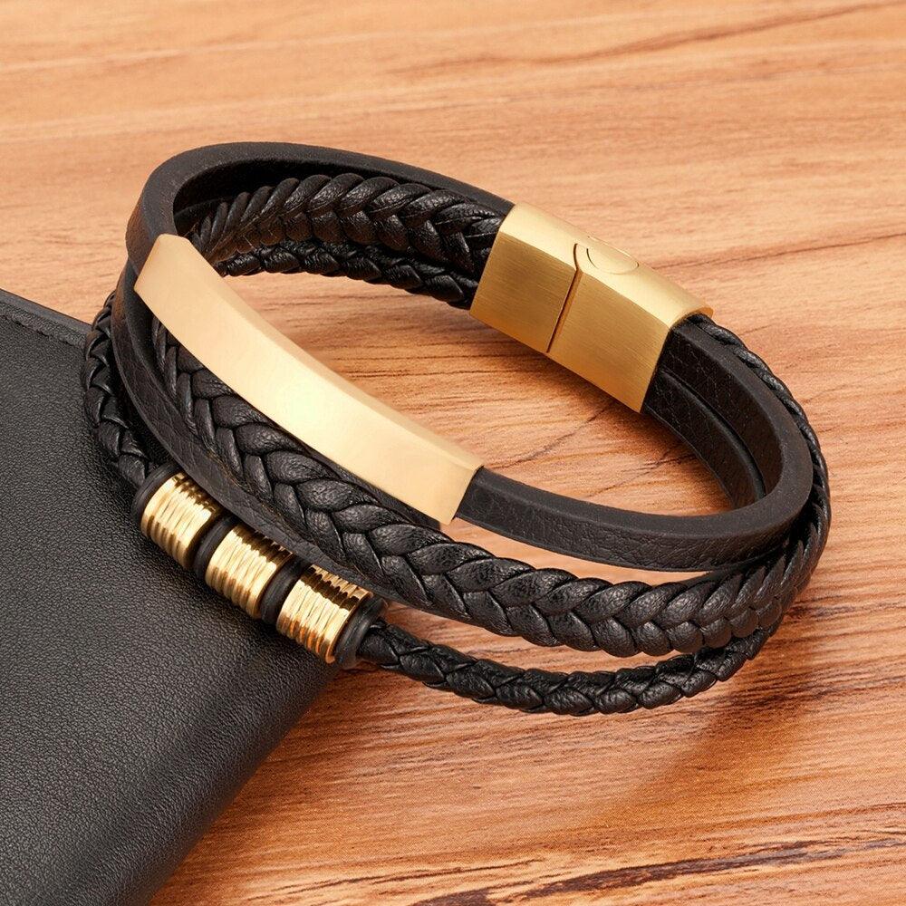 Multi-layer Leather Bracelet with Stainless Steel Clasp for Men