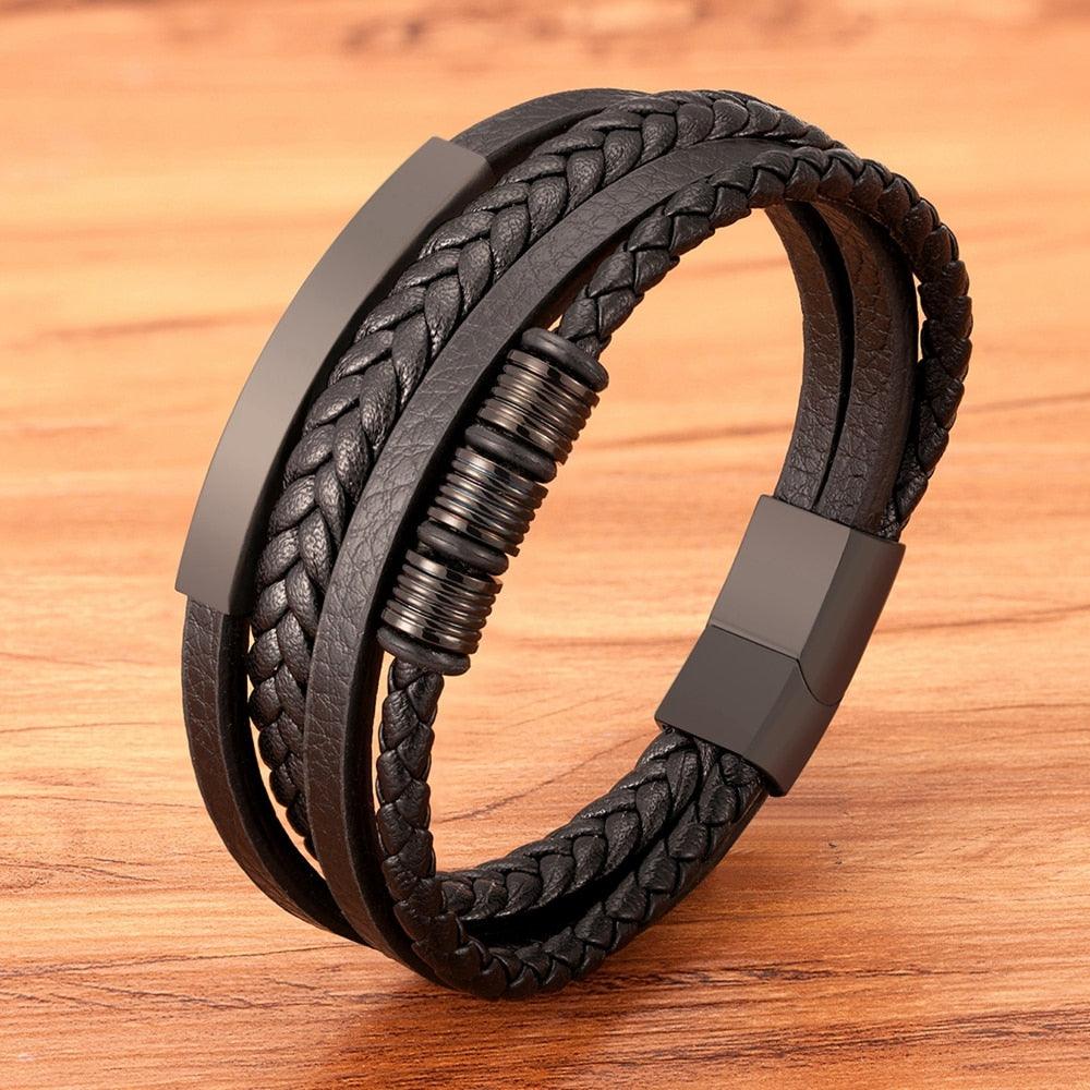 Multi-layer Leather Bracelet with Stainless Steel Clasp for Men