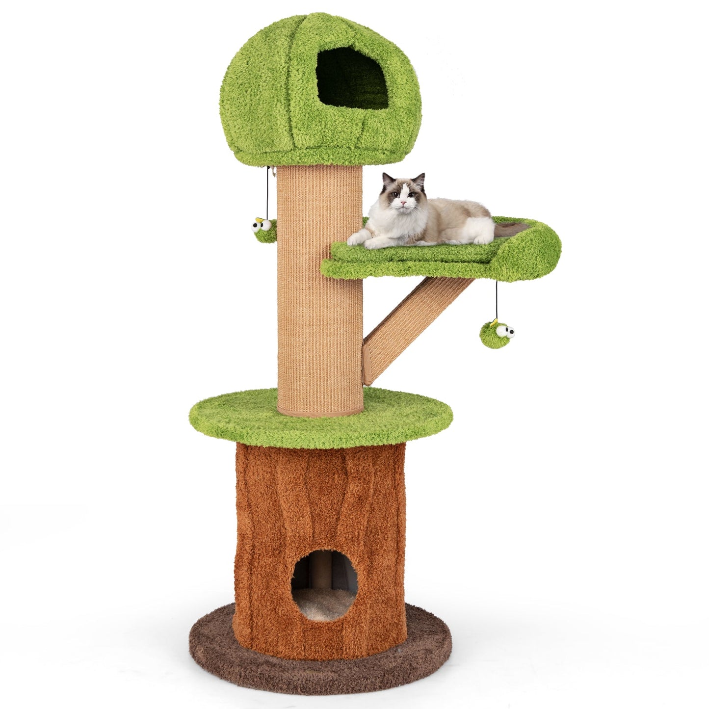 Arbre à chat champignon avec condos en peluche et balles à taquiner - Vert