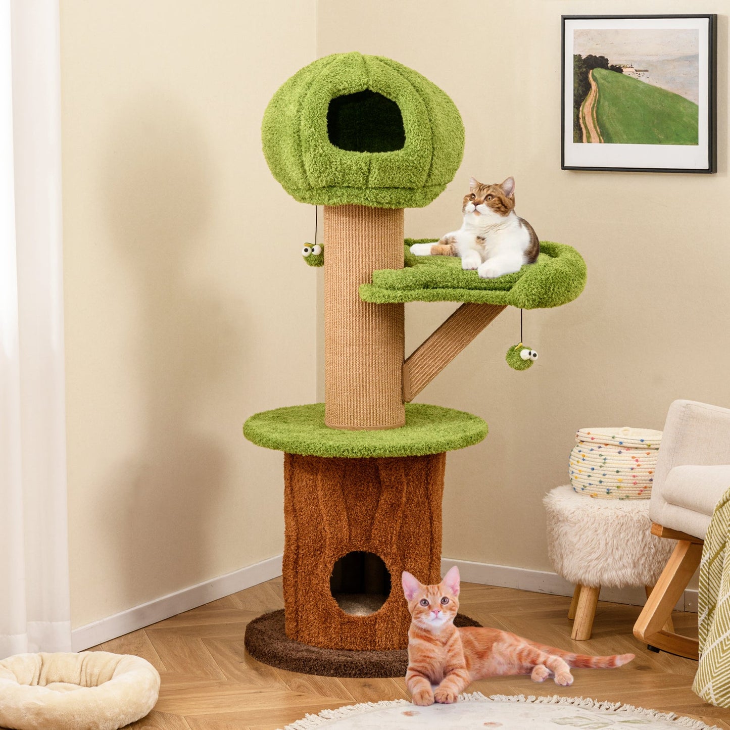 Arbre à chat champignon avec condos en peluche et balles à taquiner - Vert