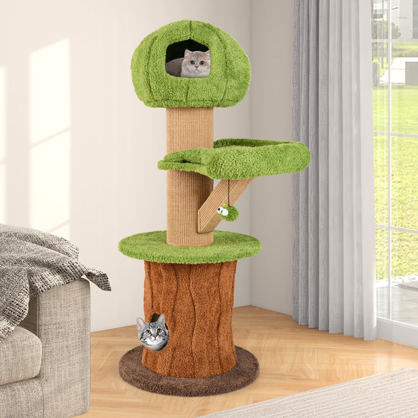 Arbre à chat champignon avec condos en peluche et balles à taquiner - Vert