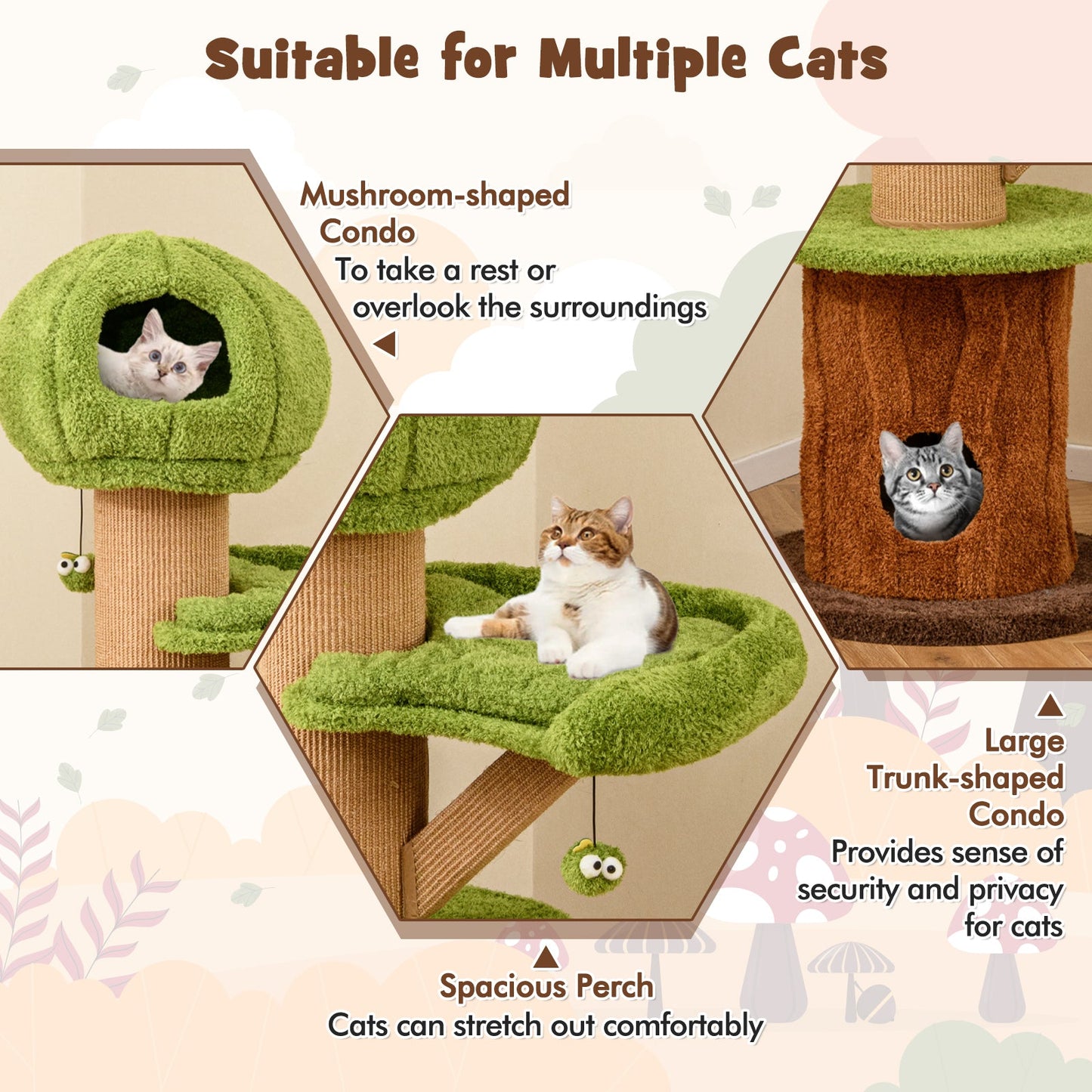 Arbre à chat champignon avec condos en peluche et balles à taquiner - Vert