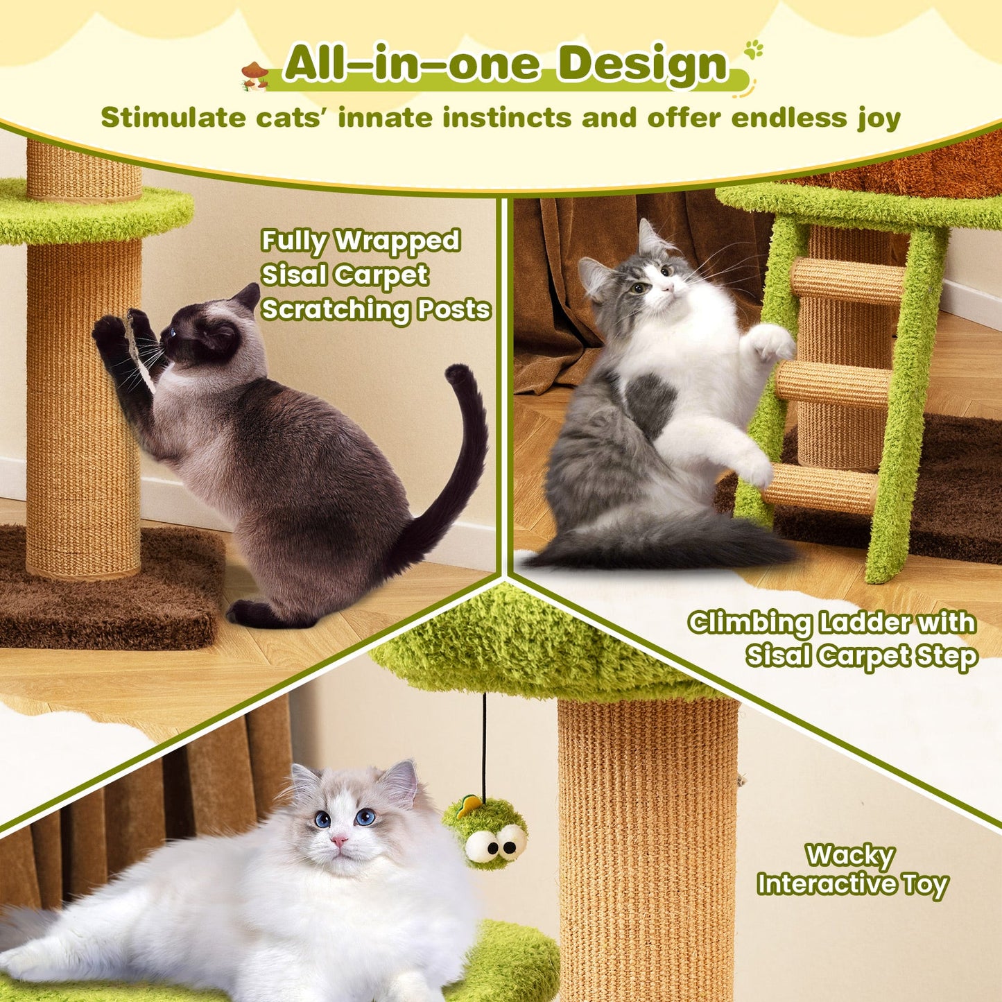 Árbol para Gatos Bonito con Nido de Hongo y Escalera - Verde