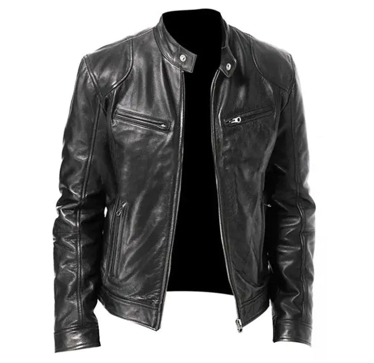 Chaqueta de Cuero PU con Cremallera para Hombre con Cuello Alto