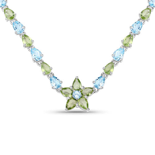 Collar de Topacio Azul y Peridoto Genuinos de 29.48 Quilates en Plata Esterlina
