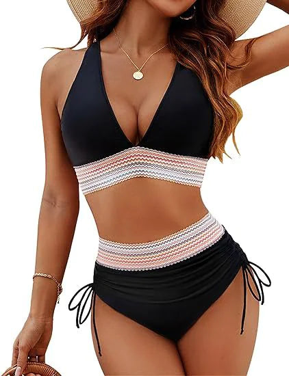Color Block Drawstring Bikini Set