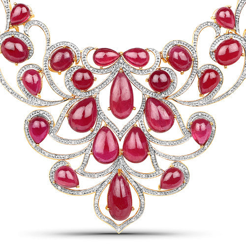 Elegant 160.14 Carat Ruby & Diamond Necklace in Sterling Silver