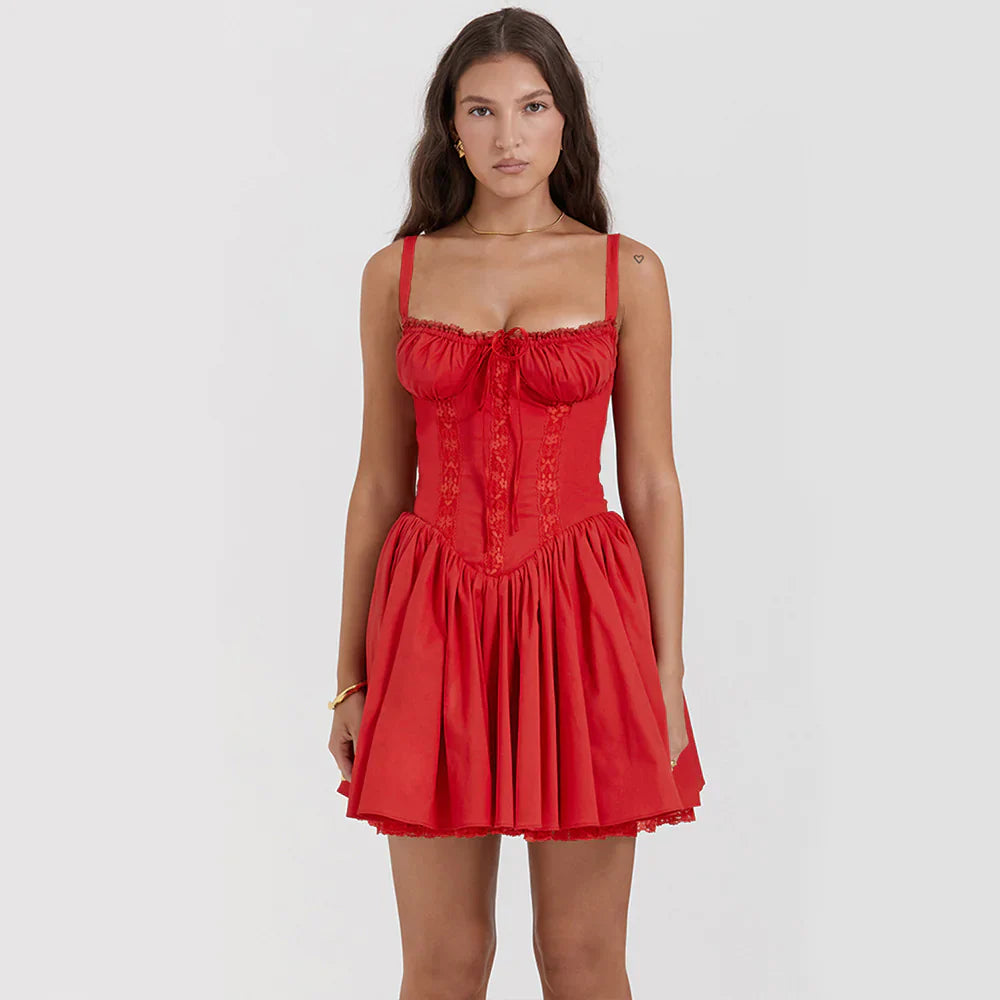 Lace-Up Slim Waist Pleated Dress for Women