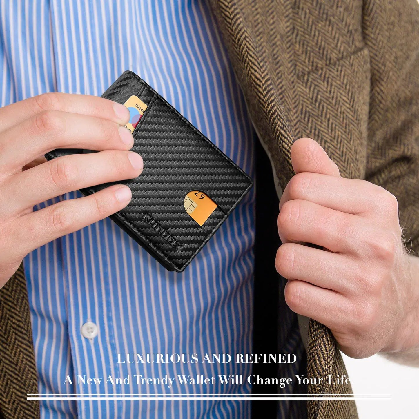 Cartera delgada RUNBOX RFID de cuero para hombres con caja de regalo - Negro carbón