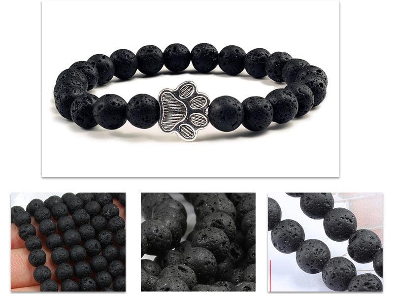 Natural Matte Black Lava Stone Paw Print Charm Bracelet