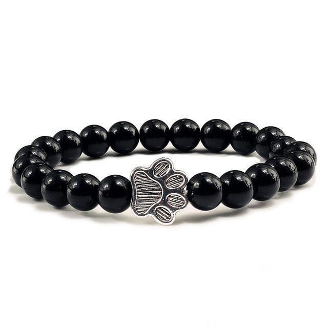 Natural Matte Black Lava Stone Paw Print Charm Bracelet