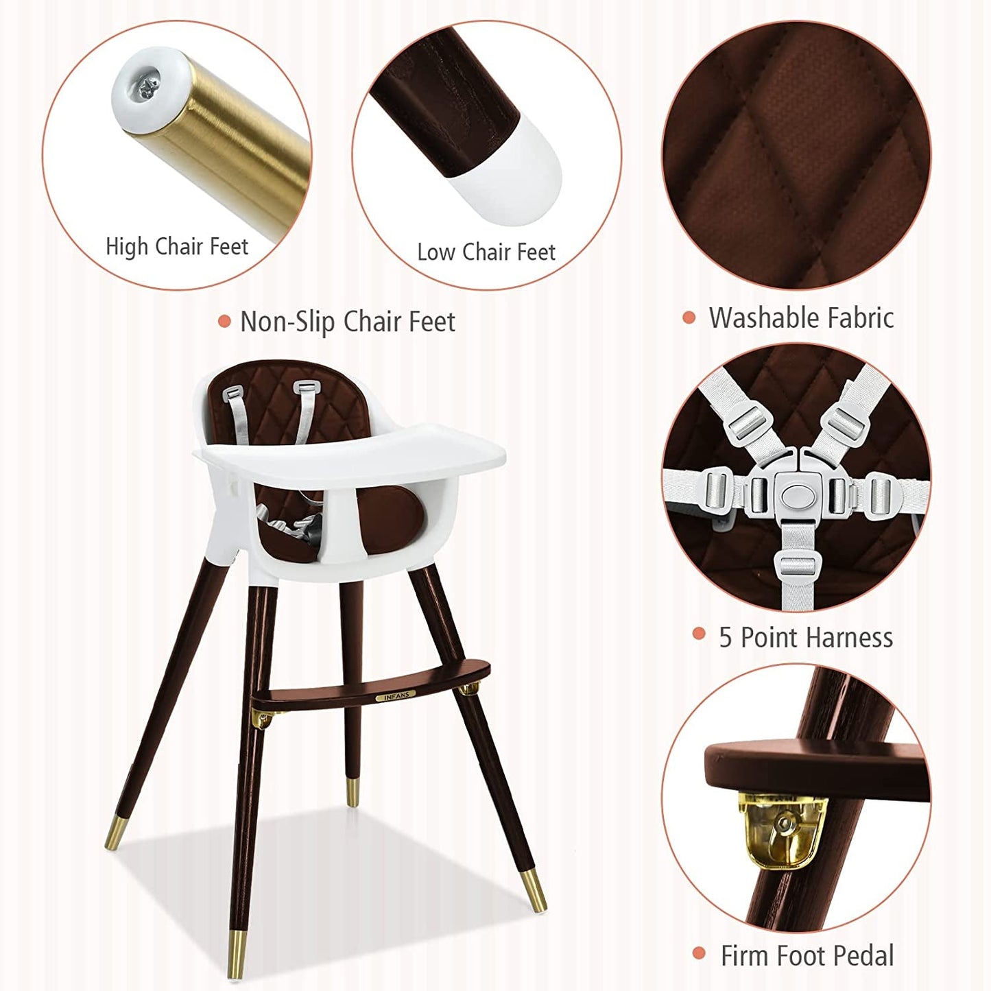 3-In-1 Adjustable Baby High Chair with Soft Cushion - Brown