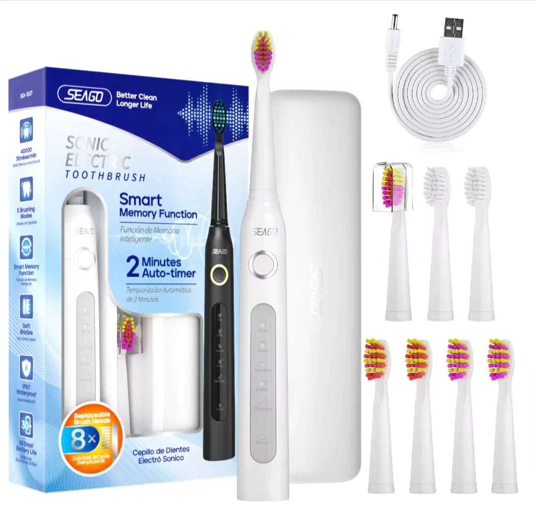 Cepillo de dientes eléctrico sónico Seago con 5 modos y 8 cabezales de cepillo