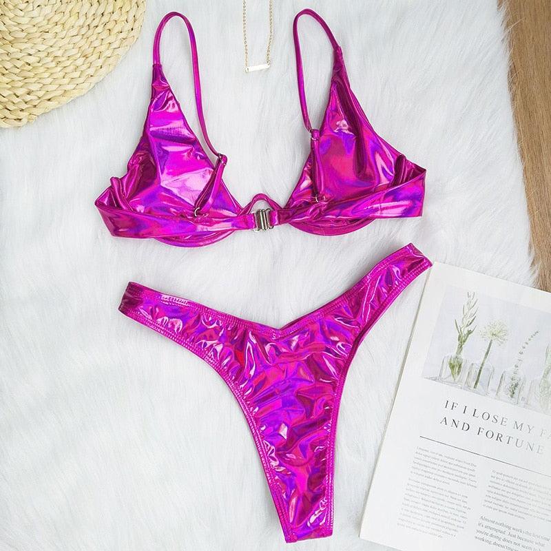 Ensemble de bikini sous-vêtement V-bar néon pour femmes