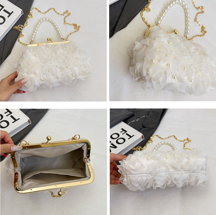 Elegant Net Lace Pleated Clutch Handbag with Pearl Chain