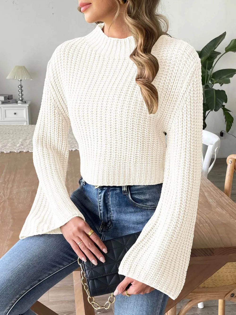 New autumn and winter flared sleeve semi high neck pullover sweater - Korvel