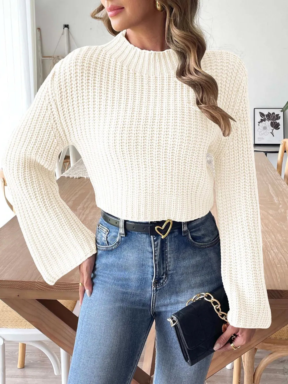 New autumn and winter flared sleeve semi high neck pullover sweater - Korvel