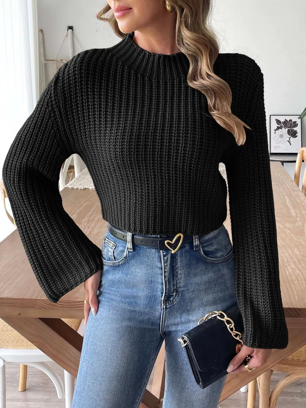 New autumn and winter flared sleeve semi high neck pullover sweater - Korvel