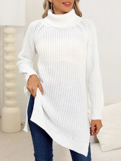 New autumn and winter thick sweater high neck simple slit dress - Korvel