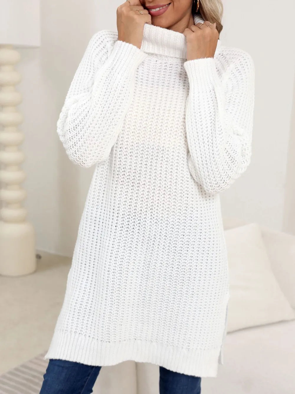 New autumn and winter thick sweater high neck simple slit dress - Korvel