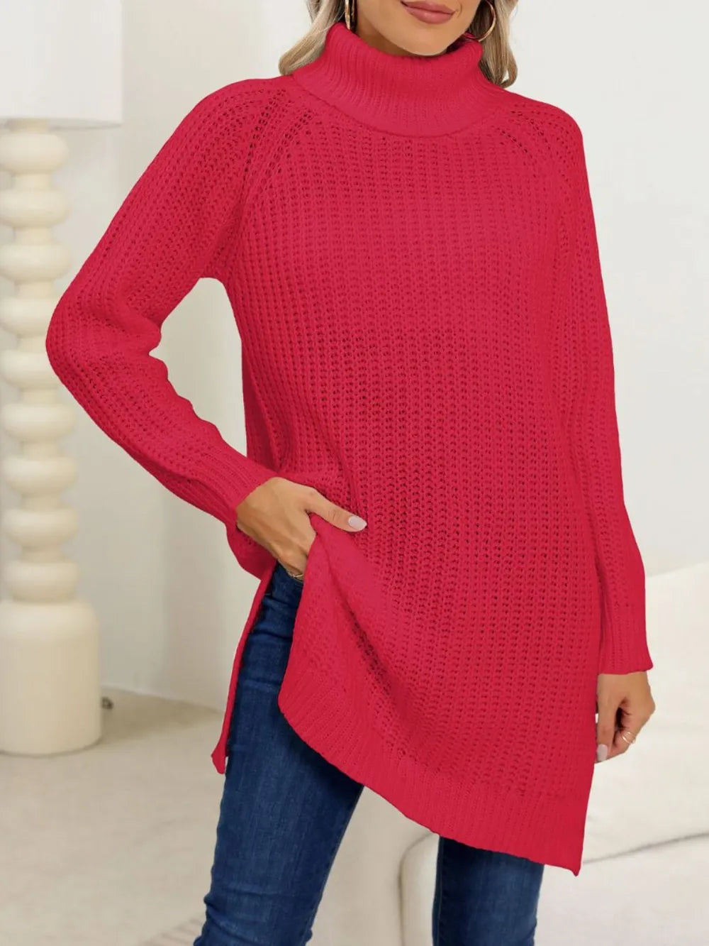 New autumn and winter thick sweater high neck simple slit dress - Korvel