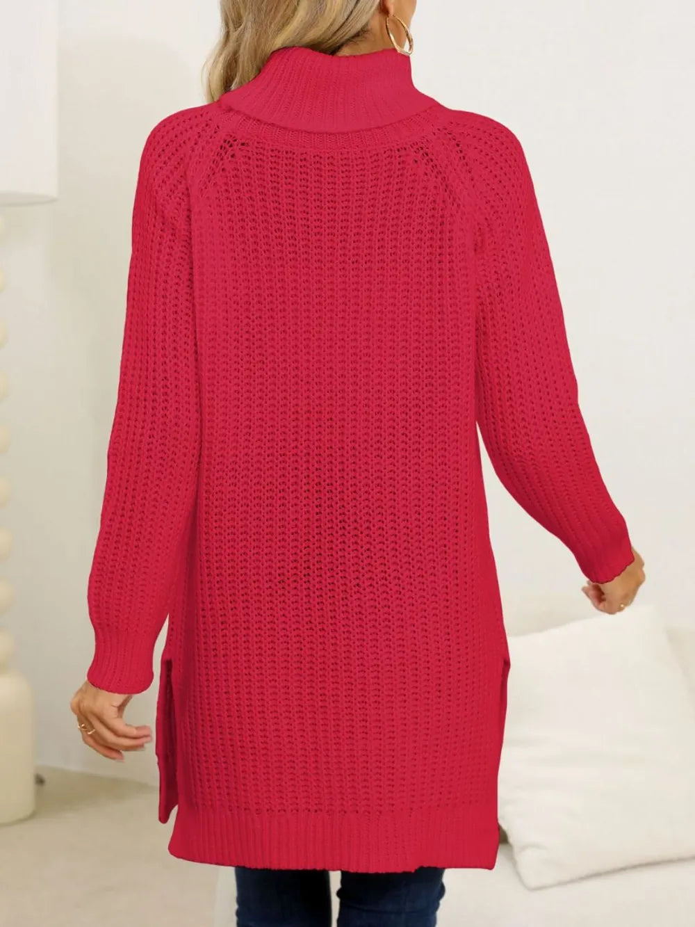 New autumn and winter thick sweater high neck simple slit dress - Korvel