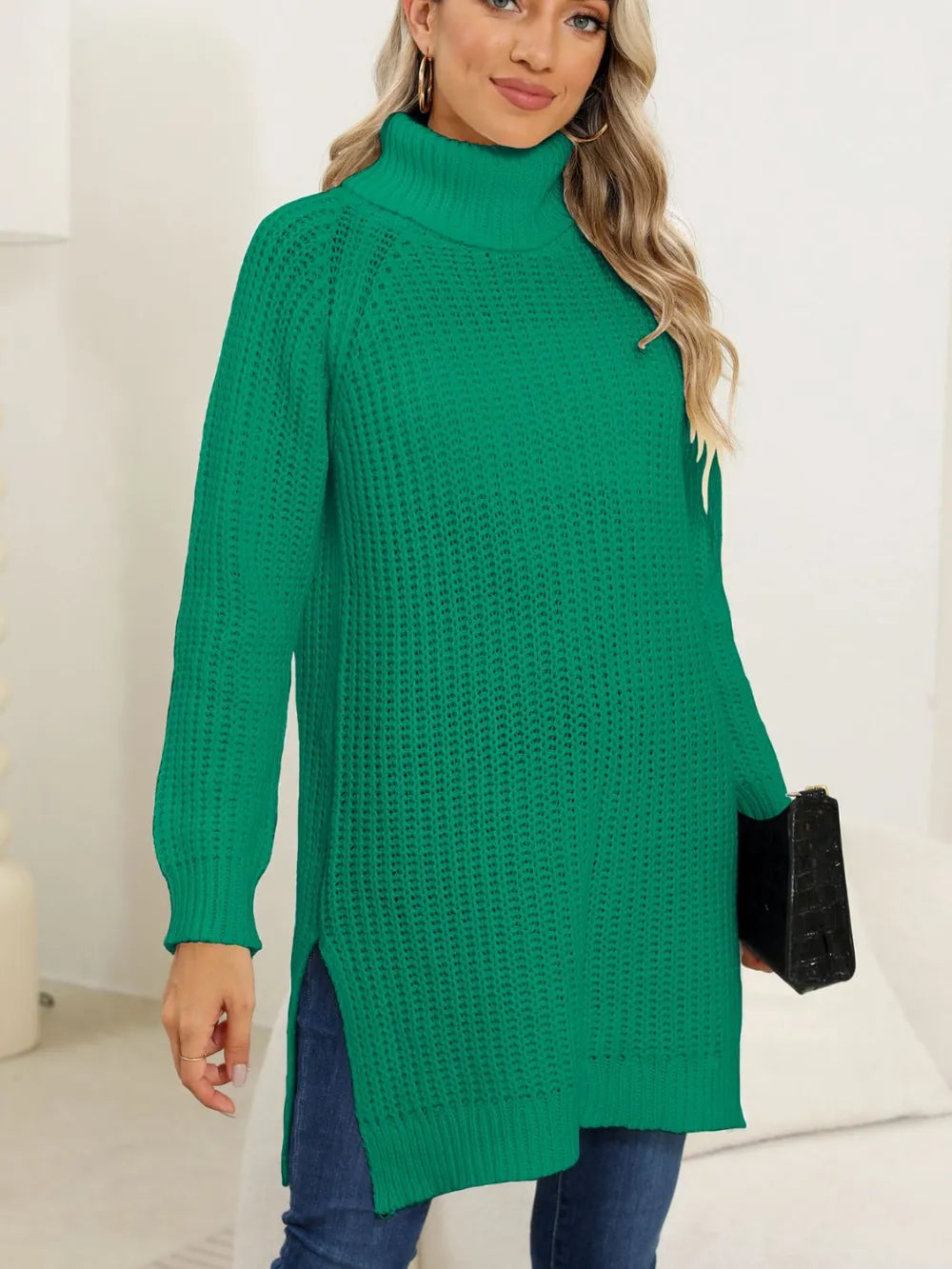 New autumn and winter thick sweater high neck simple slit dress - Korvel