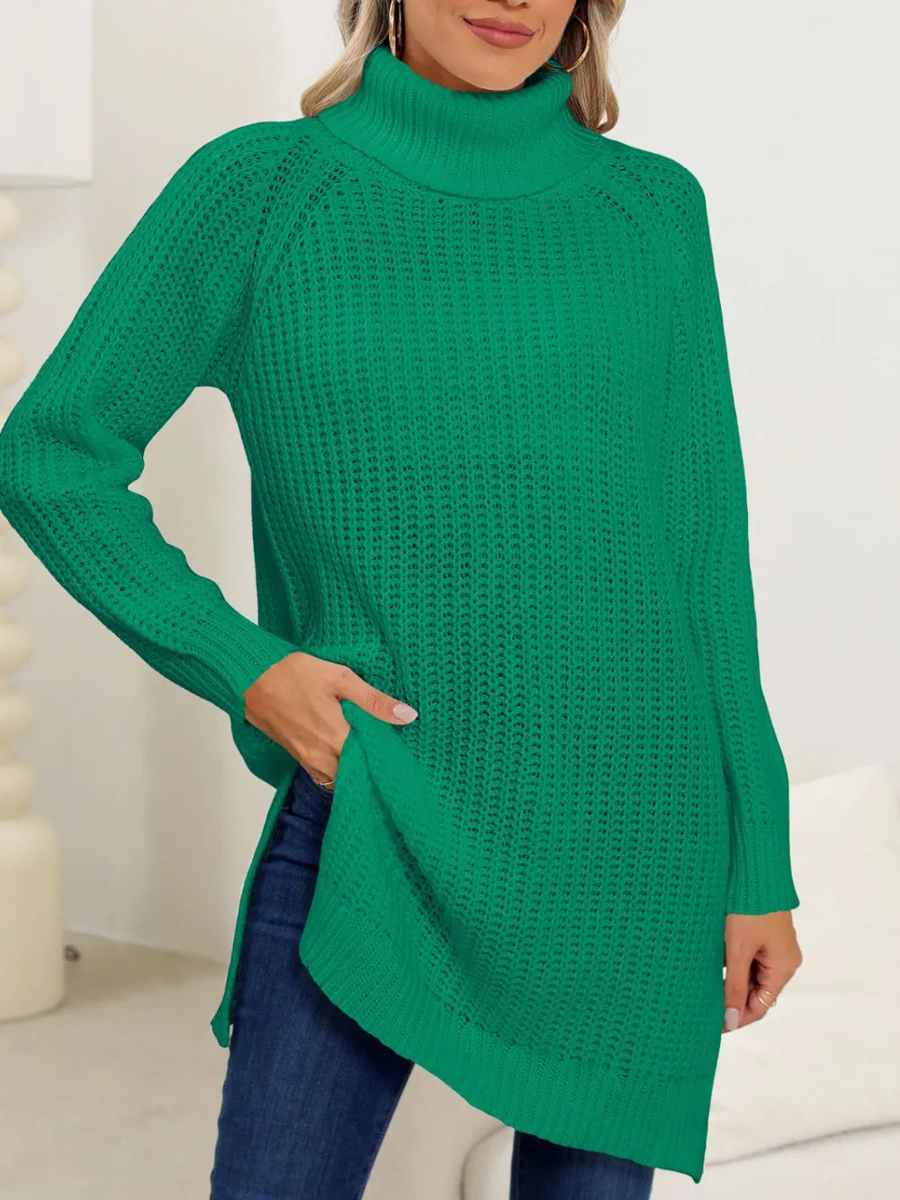 New autumn and winter thick sweater high neck simple slit dress - Korvel