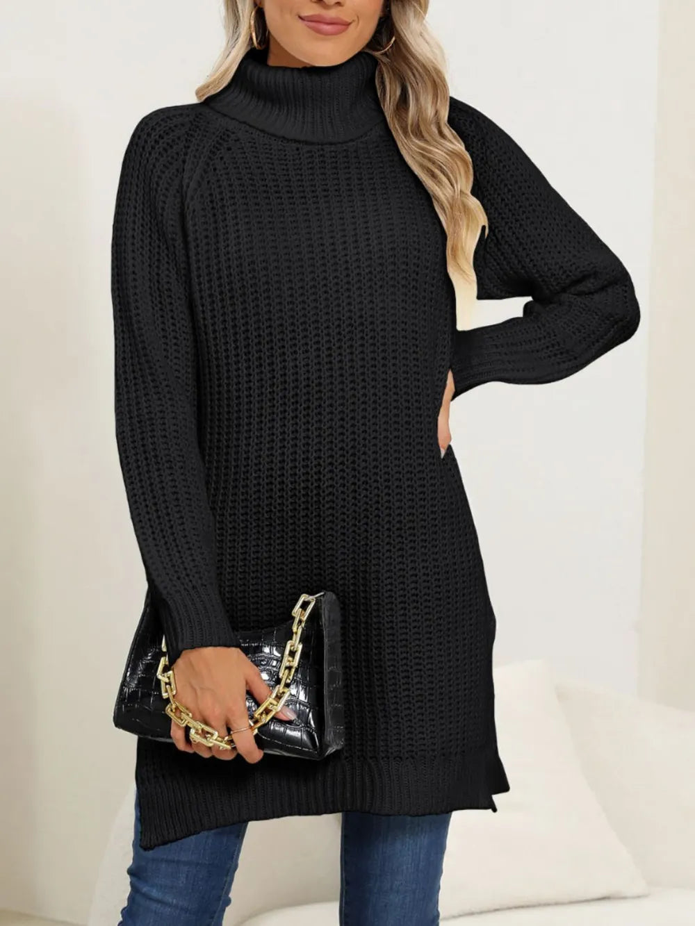 New autumn and winter thick sweater high neck simple slit dress - Korvel