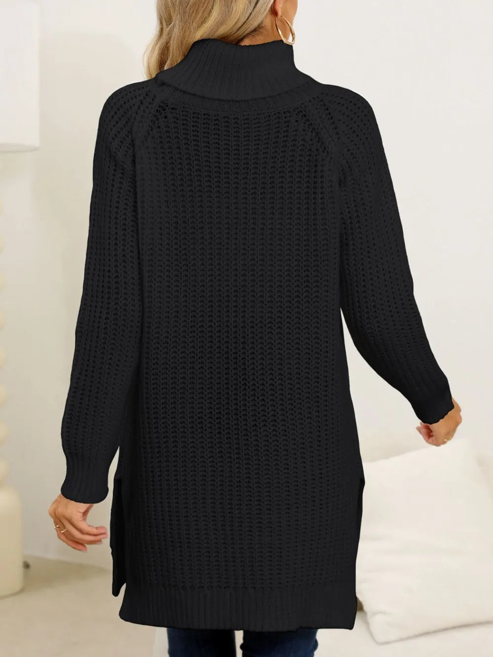 New autumn and winter thick sweater high neck simple slit dress - Korvel
