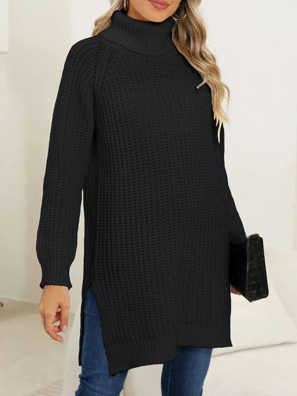 New autumn and winter thick sweater high neck simple slit dress - Korvel