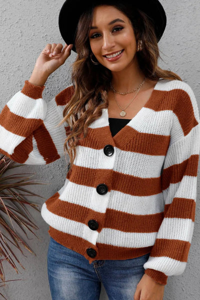 Chaqueta de Suéter Woven con Botones y Rayas Contrastantes