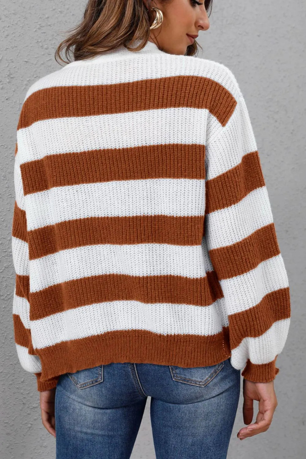 Chaqueta de Suéter Woven con Botones y Rayas Contrastantes