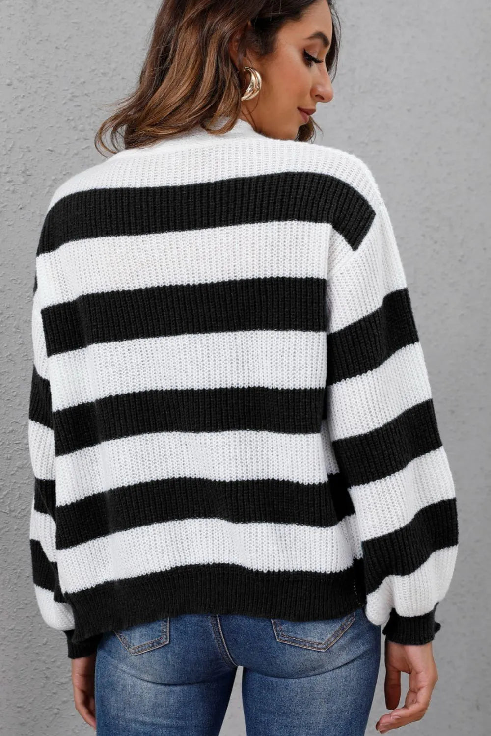 Chaqueta de Suéter Woven con Botones y Rayas Contrastantes